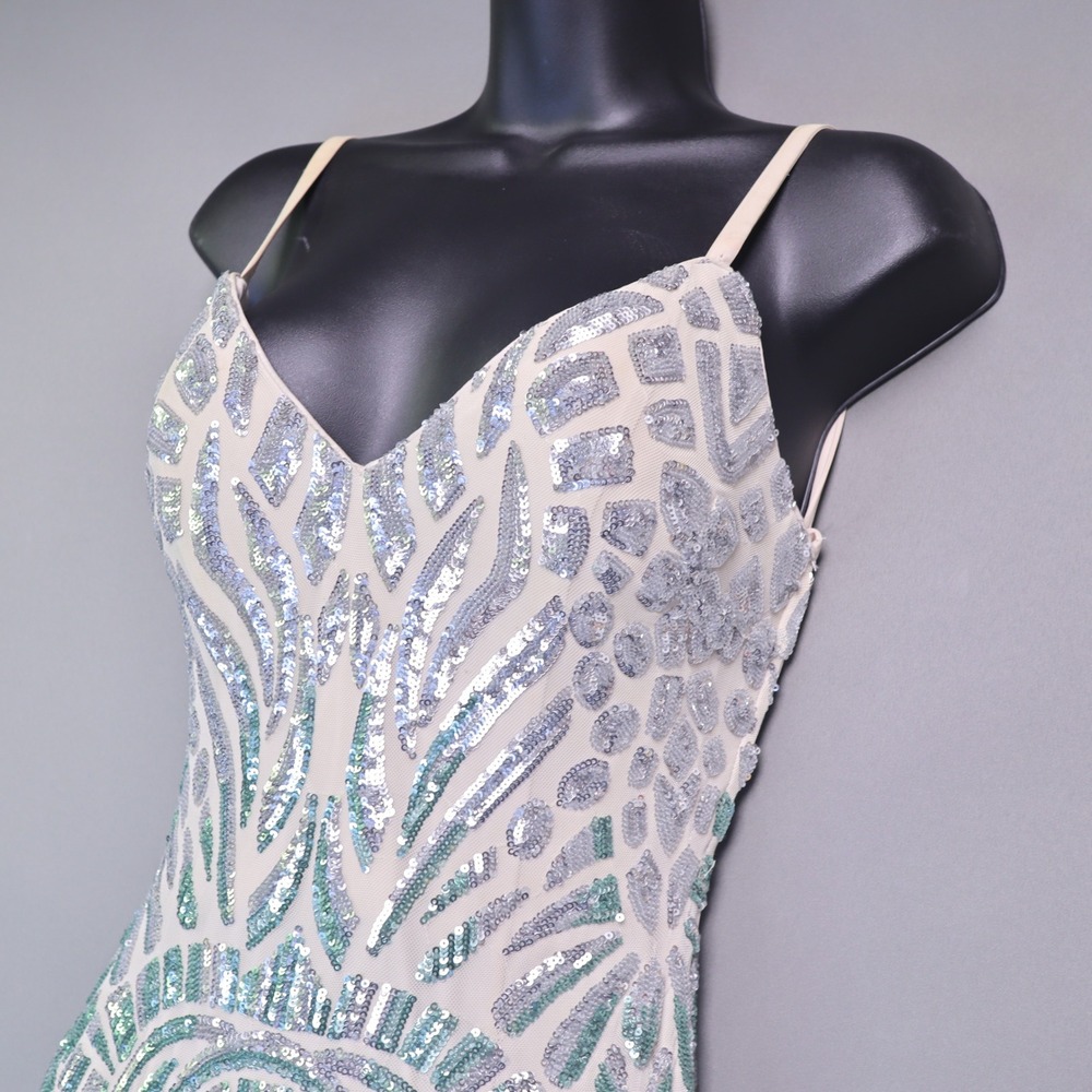 Jovani Gown Womens 8 Teal Silver Sequin Art Deco Open Back Formal Dress